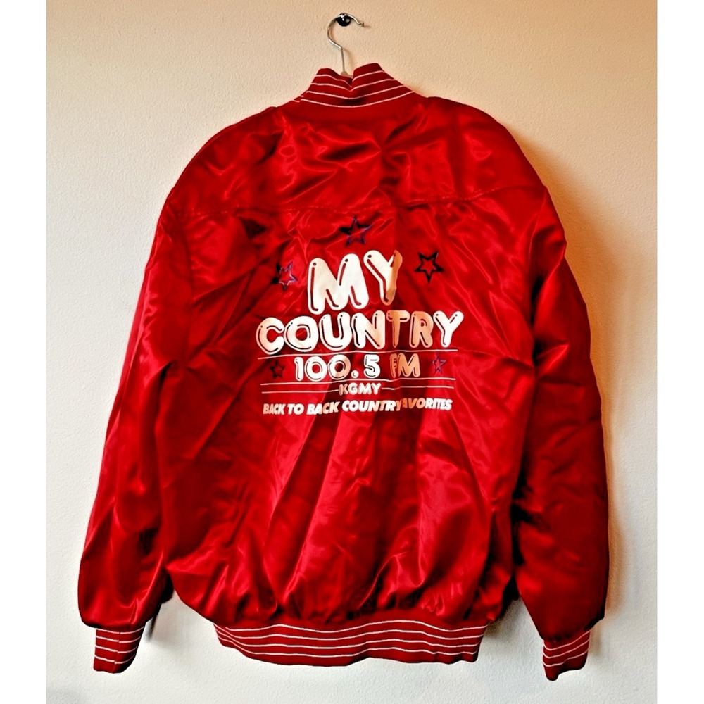 Vintage RED Satin Snap Bomber Jacket West Ark MY COUNTRY 100.5 KGMY Mens 2XL B16